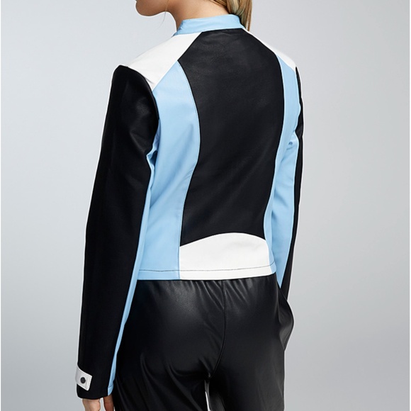 Daisy Street black blue and white faux leather colour block biker jacket NWT - Picture 2 of 13